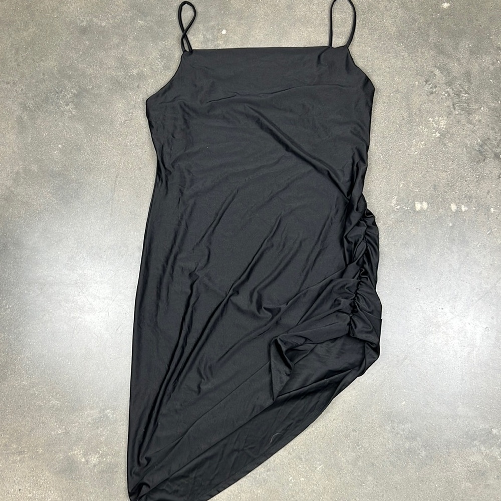 Black Asymmetrical Rouched Mini Dress